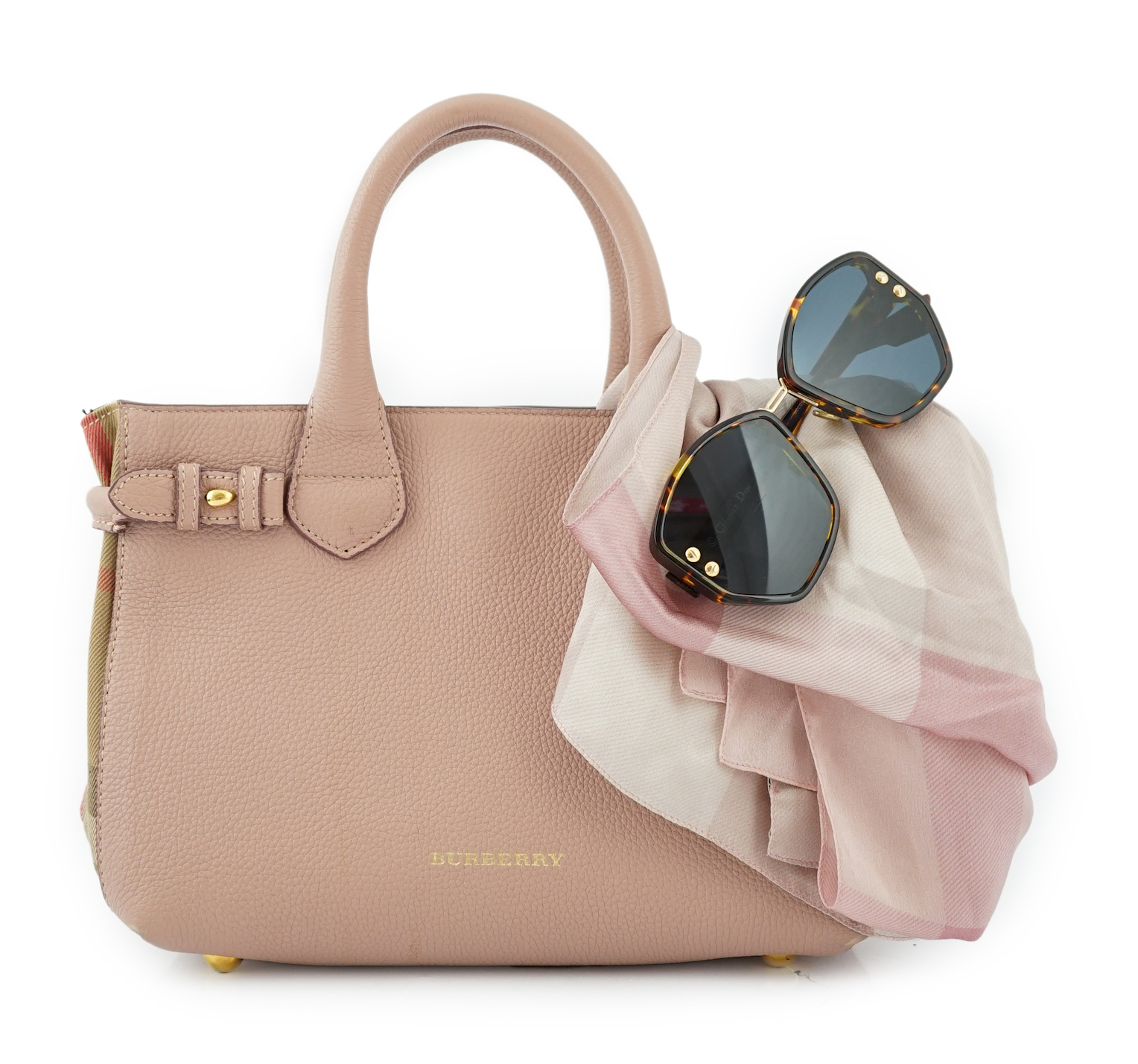 A pink Burberry small banner tote, a pink, white and silver tartan silk scarf and a pair of Dior tortoiseshell sunglasses, Handbag height 21cm, height to handle 32cm, width 28cm, depth 11cm, Scarf 192cm x 63cm